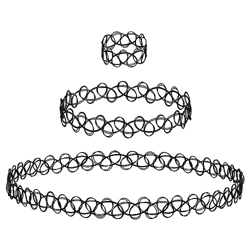 Expressions 3pc Assorted Tattoo Stretch Jewelry Collection - Black Tattoo Choker Necklace, Bracelet & Ring Set - Stretchy Tattoo Effect Jewelry Accessories For Kids And Adults