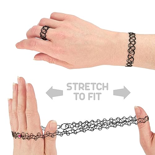 Expressions 3pc Assorted Tattoo Stretch Jewelry Collection - Black Tattoo Choker Necklace, Bracelet & Ring Set - Stretchy Tattoo Effect Jewelry Accessories For Kids And Adults