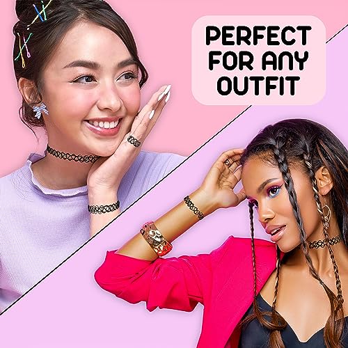 Expressions 3pc Assorted Tattoo Stretch Jewelry Collection - Black Tattoo Choker Necklace, Bracelet & Ring Set - Stretchy Tattoo Effect Jewelry Accessories For Kids And Adults