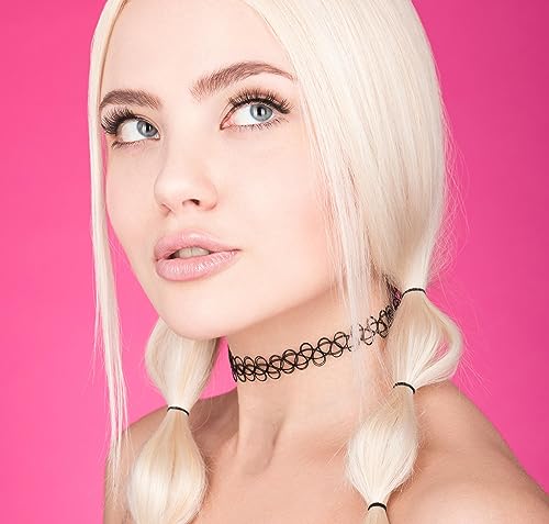 Expressions 3pc Assorted Tattoo Stretch Jewelry Collection - Black Tattoo Choker Necklace, Bracelet & Ring Set - Stretchy Tattoo Effect Jewelry Accessories For Kids And Adults