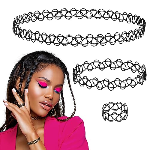 Expressions 3pc Assorted Tattoo Stretch Jewelry Collection - Black Tattoo Choker Necklace, Bracelet & Ring Set - Stretchy Tattoo Effect Jewelry Accessories For Kids And Adults