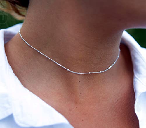 BERISO 14K Gold/Silver Plated Choker Necklace for Women Shining Dots Station Gold Chain Necklace Beads Sparkle Chain Necklace Link Chain Exquisite Jewelry for women
