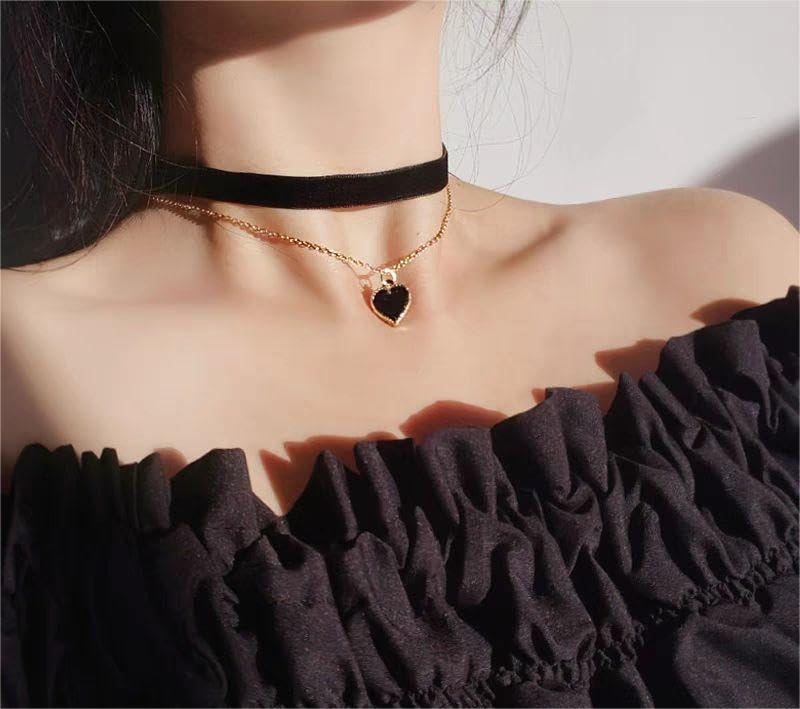 DAYANEY Black Heart Necklace,Black Choker Necklaces For Woman,Gothic Vintage Choker Necklace,Black Velvet Choker Heart Jewelry Gold Chain Choker as Aniversario Birthday Gifts for Women