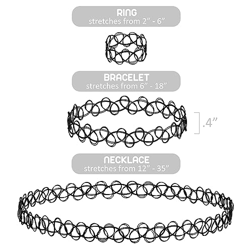 Expressions 3pc Assorted Tattoo Stretch Jewelry Collection - Black Tattoo Choker Necklace, Bracelet & Ring Set - Stretchy Tattoo Effect Jewelry Accessories For Kids And Adults