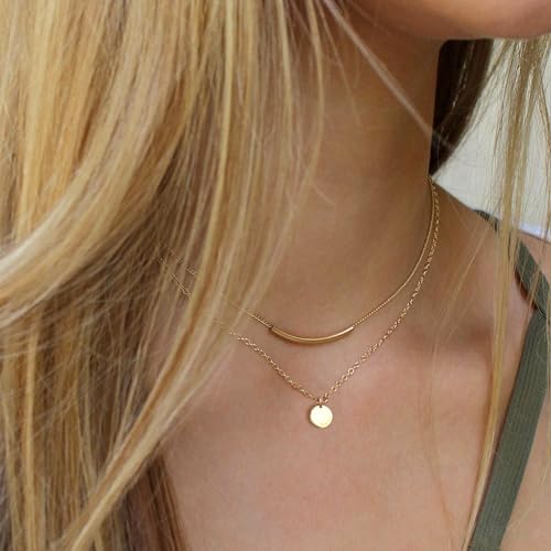 Aisansty Layered Coin Tube Pendant Choker Necklace for Women Girls Dainty Gold Plated Layering Chain Neckalce Set