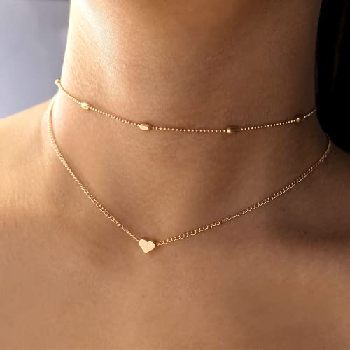 Tewiky Layered Gold Heart Necklaces for Women, Dainty Layering Cuban Chain Heart Necklace 14k Gold Pendant Necklace Simple Layered Choker Necklace for Women Cute Christmas Gifts for Women