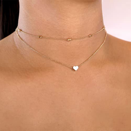 Tewiky Layered Gold Heart Necklaces for Women, Dainty Layering Cuban Chain Heart Necklace 14k Gold Pendant Necklace Simple Layered Choker Necklace for Women Cute Christmas Gifts for Women