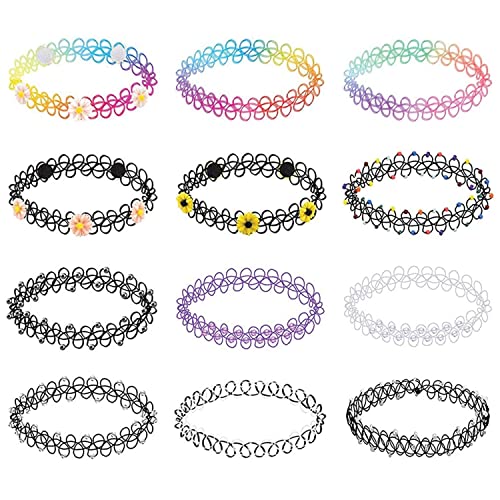 BodyJ4You 12PC Tattoo Choker Necklace Set - 90s Accessories Old School 2000s Jewelry - Yellow Daisy Pink Purple Flower Charm - One Size Women Teen Girl - Stretchy Multicolor Collar