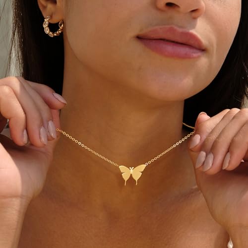 VACRONA Gold Dainty Butterfly Necklaces 18K Gold Plated Choker Necklace Delicate Long Gold Chain Necklaces Jewelry Gift for Women