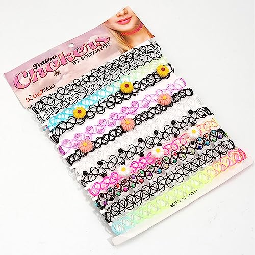 BodyJ4You 12PC Tattoo Choker Necklace Set - 90s Accessories Old School 2000s Jewelry - Yellow Daisy Pink Purple Flower Charm - One Size Women Teen Girl - Stretchy Multicolor Collar