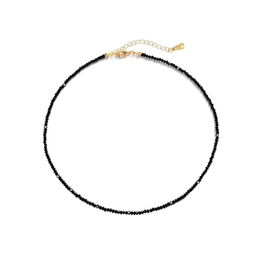 VOPIPO Dainty Black Spinel Beaded Choker Necklace for Women Trendy Natural Shiny 3mm Black Agate Crystal Stone Necklace 18k Gold Plated Chain Adjustable Cute Necklace Jewelry for Teen Girls Gifts