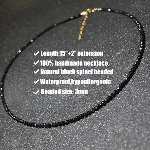 VOPIPO Dainty Black Spinel Beaded Choker Necklace for Women Trendy Natural Shiny 3mm Black Agate Crystal Stone Necklace 18k Gold Plated Chain Adjustable Cute Necklace Jewelry for Teen Girls Gifts