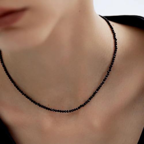 VOPIPO Dainty Black Spinel Beaded Choker Necklace for Women Trendy Natural Shiny 3mm Black Agate Crystal Stone Necklace 18k Gold Plated Chain Adjustable Cute Necklace Jewelry for Teen Girls Gifts