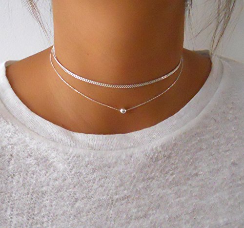 Annika Bella Choker Necklace for Women, Length 13-16 Inches, Sterling Silver or Gold, Waterproof, Ball Bead Charm Chokers, Pendant Choker Necklaces (Silver)