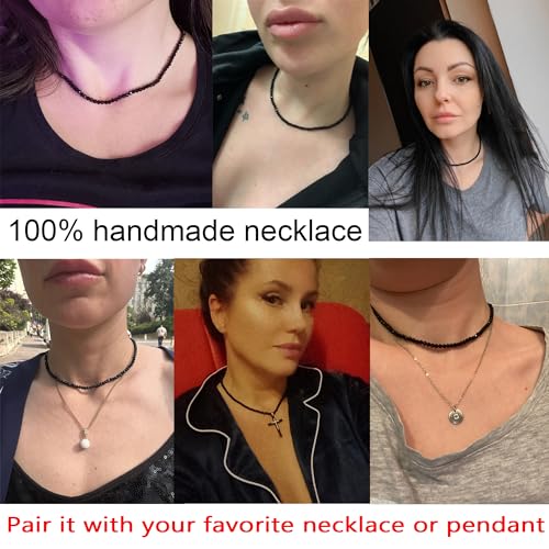 VOPIPO Dainty Black Spinel Beaded Choker Necklace for Women Trendy Natural Shiny 3mm Black Agate Crystal Stone Necklace 18k Gold Plated Chain Adjustable Cute Necklace Jewelry for Teen Girls Gifts