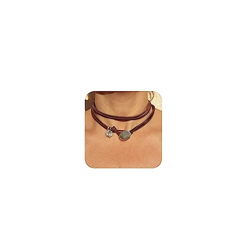 HUASAI Boho Necklaces for Women Brown Suede Choker Necklace for Women Trendy Boho Layered Leather Necklace Western Turquoise Necklace Boho Jewelry Western Outfit for Women