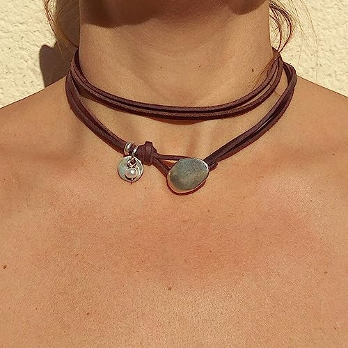 HUASAI Boho Necklaces for Women Brown Suede Choker Necklace for Women Trendy Boho Layered Leather Necklace Western Turquoise Necklace Boho Jewelry Western Outfit for Women