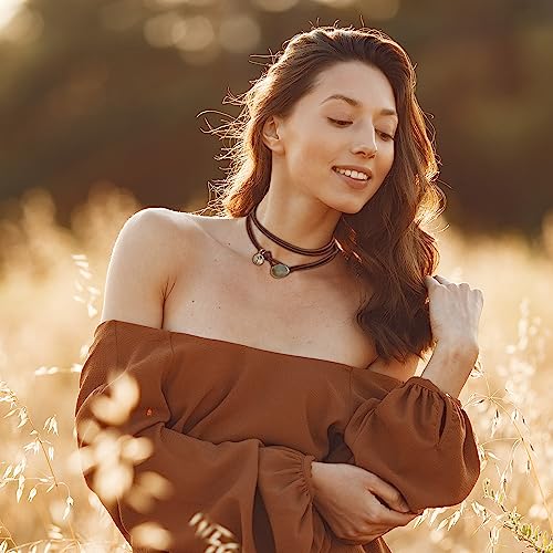 HUASAI Boho Necklaces for Women Brown Suede Choker Necklace for Women Trendy Boho Layered Leather Necklace Western Turquoise Necklace Boho Jewelry Western Outfit for Women