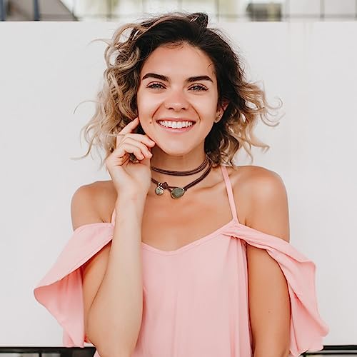 HUASAI Boho Necklaces for Women Brown Suede Choker Necklace for Women Trendy Boho Layered Leather Necklace Western Turquoise Necklace Boho Jewelry Western Outfit for Women