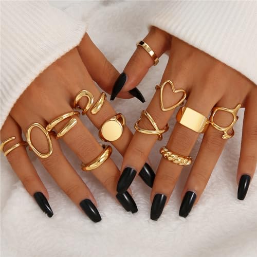 Gold 12-Piece Stackable Rings Set for Women
