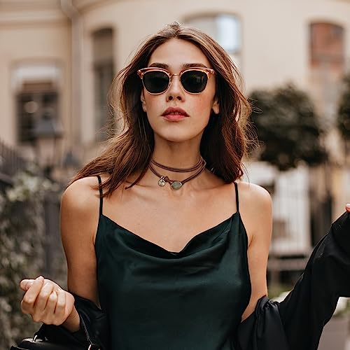 HUASAI Boho Necklaces for Women Brown Suede Choker Necklace for Women Trendy Boho Layered Leather Necklace Western Turquoise Necklace Boho Jewelry Western Outfit for Women