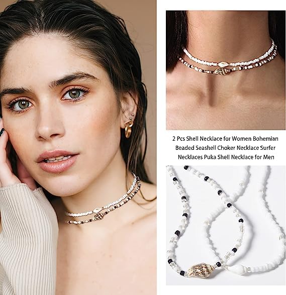Seashell Surfer Necklaces Beach Handmade Choker Hawaiian Summer Fashion Pearl Necklace for Men Women Girls (Shell 1)