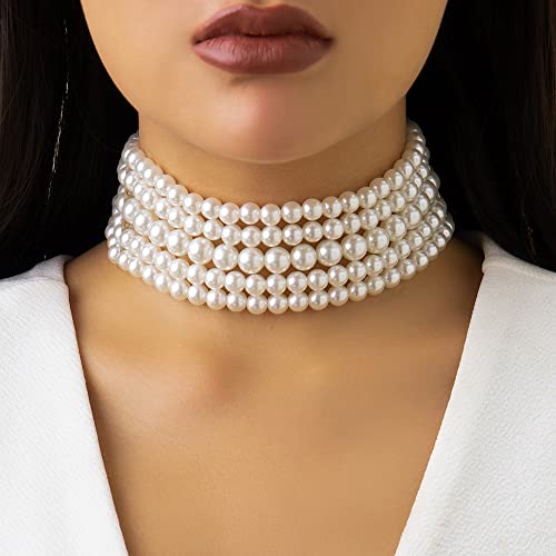 Octwine Boho Round Imitation Pearl Choker Necklace Multi Strands Vintage Choker Bridal Wedding Crystal Jewelry for Women and Girls