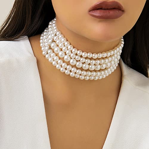 Octwine Boho Round Imitation Pearl Choker Necklace Multi Strands Vintage Choker Bridal Wedding Crystal Jewelry for Women and Girls