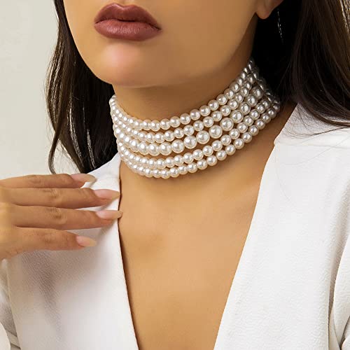 Octwine Boho Round Imitation Pearl Choker Necklace Multi Strands Vintage Choker Bridal Wedding Crystal Jewelry for Women and Girls