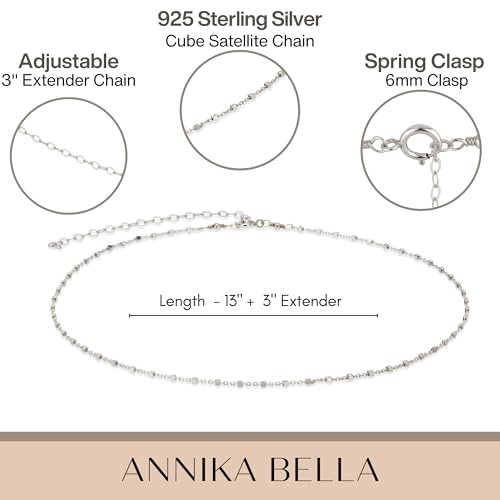 Annika Bella Sterling Silver Satellite Chain Choker Necklace, Length 13-16 Inches, 925 Layered Chokers for Women and Teens, Waterproof, Minimalist Layer Short Necklaces (Squares Satellite Chain)