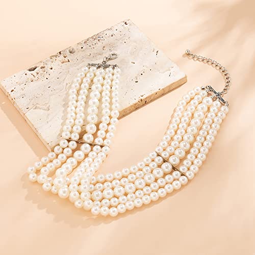 Octwine Boho Round Imitation Pearl Choker Necklace Multi Strands Vintage Choker Bridal Wedding Crystal Jewelry for Women and Girls