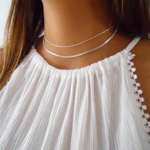 Annika Bella Sterling Silver Satellite Chain Choker Necklace, Length 13-16 Inches, 925 Layered Chokers for Women and Teens, Waterproof, Minimalist Layer Short Necklaces (Squares Satellite Chain)