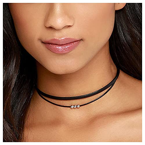 Andelaisi Boho Layered Leather Rope Necklace Choker Black Leather Cord Choker Necklace Gothic Leather Suede Necklace Chain Short Black Collar Necklace Jewelry for Women