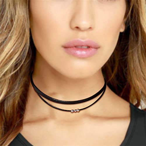 Andelaisi Boho Layered Leather Rope Necklace Choker Black Leather Cord Choker Necklace Gothic Leather Suede Necklace Chain Short Black Collar Necklace Jewelry for Women and Girls