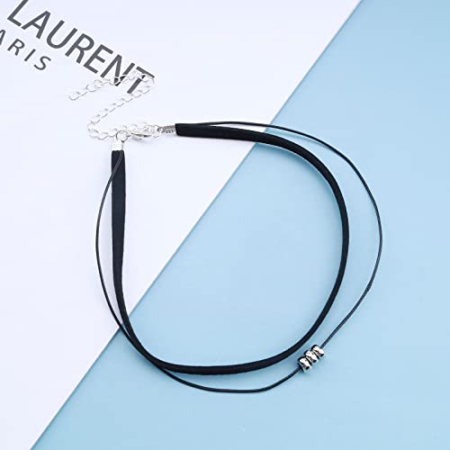 Andelaisi Boho Layered Leather Rope Necklace Choker Black Leather Cord Choker Necklace Gothic Leather Suede Necklace Chain Short Black Collar Necklace Jewelry for Women and Girls