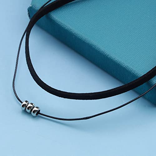 Andelaisi Boho Layered Leather Rope Necklace Choker Black Leather Cord Choker Necklace Gothic Leather Suede Necklace Chain Short Black Collar Necklace Jewelry for Women and Girls