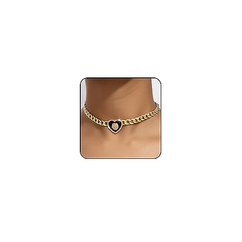 Sora Tuki Heart Necklaces for Women Silver Heart Choker Gold Heart Necklace Cuban Link Chain Gold Chunky Necklace CZ Heart Pendant Punk Statement Necklace Fashion (4_Gold black heart)