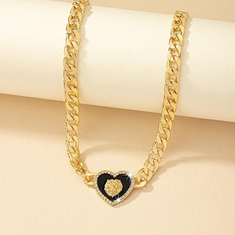 Sora Tuki Heart Necklaces for Women Silver Heart Choker Gold Heart Necklace Cuban Link Chain Gold Chunky Necklace CZ Heart Pendant Punk Statement Necklace Fashion (4_Gold black heart)