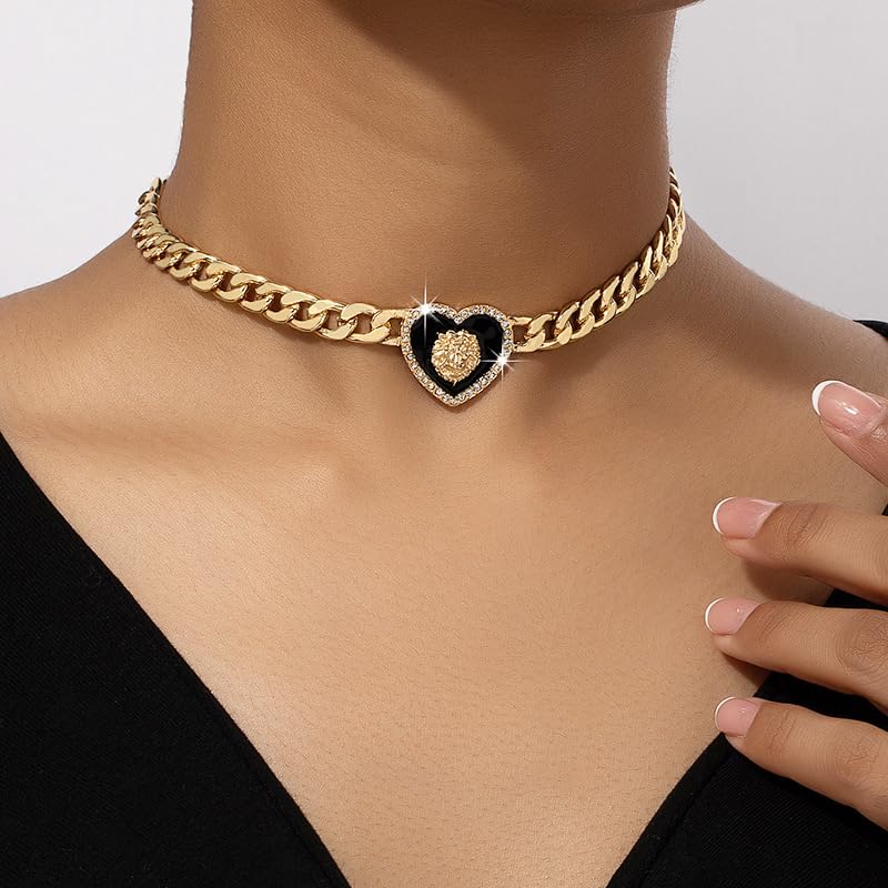 Sora Tuki Heart Necklaces for Women Silver Heart Choker Gold Heart Necklace Cuban Link Chain Gold Chunky Necklace CZ Heart Pendant Punk Statement Necklace Fashion (4_Gold black heart)