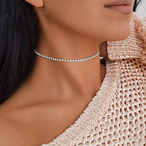 EFTOM 1 Row Silver Rhinestone Choker Necklace Diamond Necklaces for Women