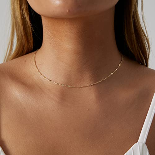 Sewyer 14K Gold Plated Choker Necklace for Women Dainty Coin Chain Choker Simple Beaded Lighting Bolt Fishbone Necklaces Everyday Jewelry Gifts