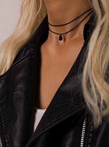 Sacina Goth Boho Hippie Dainty Double Layered Black Choker Necklace, Teardrop Glass Necklace, Halloween Christmas New Year Gift for Women
