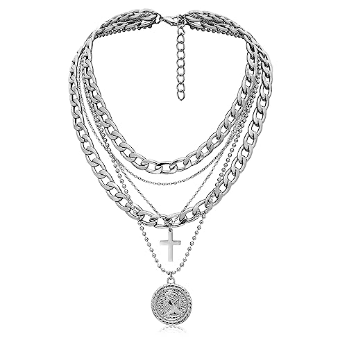 MJartoria Gold Layered Necklaces for Women Trendy Retro Coin Pendant Necklace Dainty Chunky Chain Choker Necklaces for Jewelry Birthday Gifts (Silver, A-Y-Retro Coin-Cross-5 in 1 Layered)