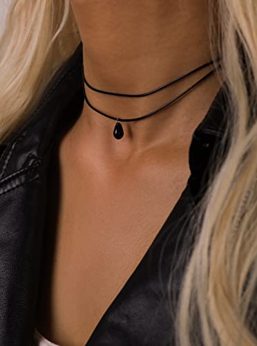 Sacina Goth Boho Hippie Dainty Double Layered Black Choker Necklace, Teardrop Glass Necklace, Halloween Christmas New Year Gift for Women