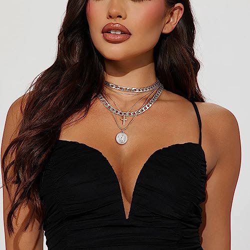 MJartoria Gold Layered Necklaces for Women Trendy Retro Coin Pendant Necklace Dainty Chunky Chain Choker Necklaces for Jewelry Birthday Gifts (Silver, A-Y-Retro Coin-Cross-5 in 1 Layered)