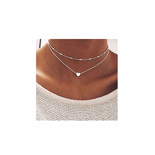 Aluinn Love Heart Layered Choker Necklace Silver Simple Beads Pendant Necklace Simple Chain for Women