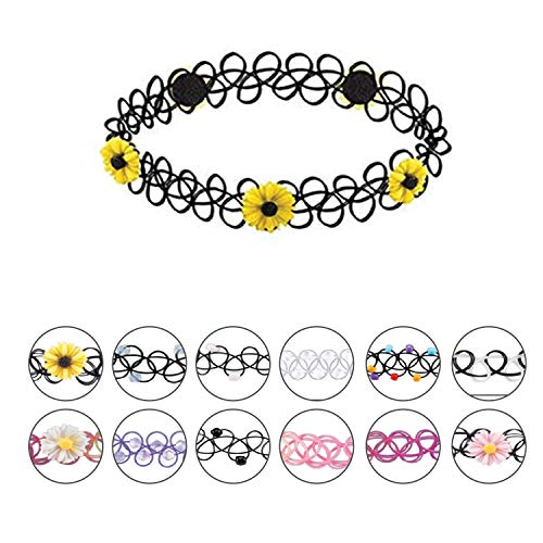 BodyJ4You 24PC Tattoo Choker Necklace Set - 90s Accessories Old School 2000s Jewelry - Yellow Daisy Pink Purple Flower Charm - One Size Women Teen Girl - Stretchy Multicolor Collar