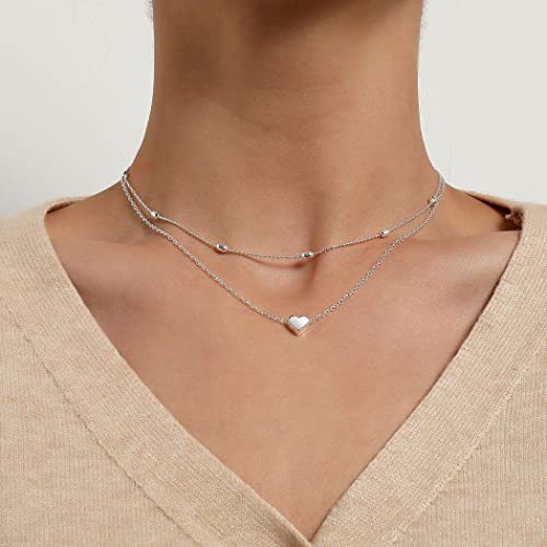 Aluinn Love Heart Layered Choker Necklace Silver Simple Beads Pendant Necklace Simple Chain for Women