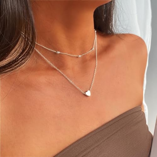 Aluinn Love Heart Layered Choker Necklace Silver Simple Beads Pendant Necklace Simple Chain for Women