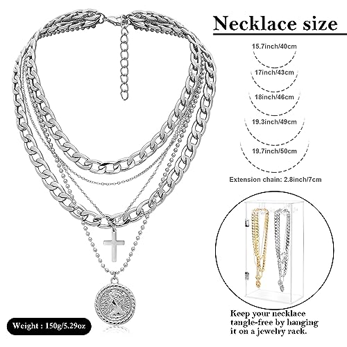 MJartoria Gold Layered Necklaces for Women Trendy Retro Coin Pendant Necklace Dainty Chunky Chain Choker Necklaces for Jewelry Birthday Gifts (Silver, A-Y-Retro Coin-Cross-5 in 1 Layered)